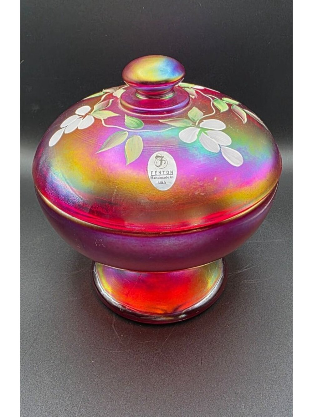 Vintage Fenton Art Glass Candy Dish Ruby Amberina Hand Painted & Signed Wisteria